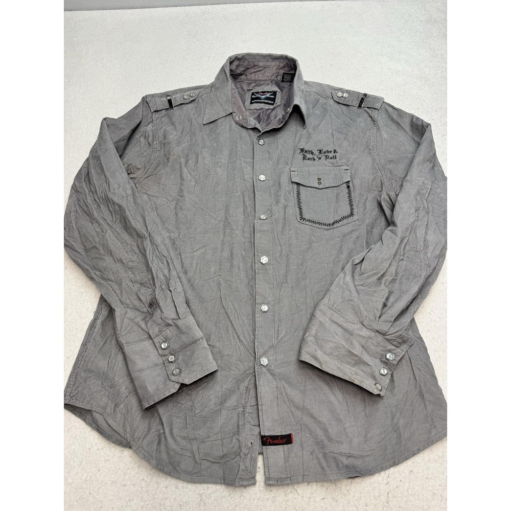 Fender Shirt Mens XL Gray Corduroy Long Sleeve Button Up Rock Cross Embroidered